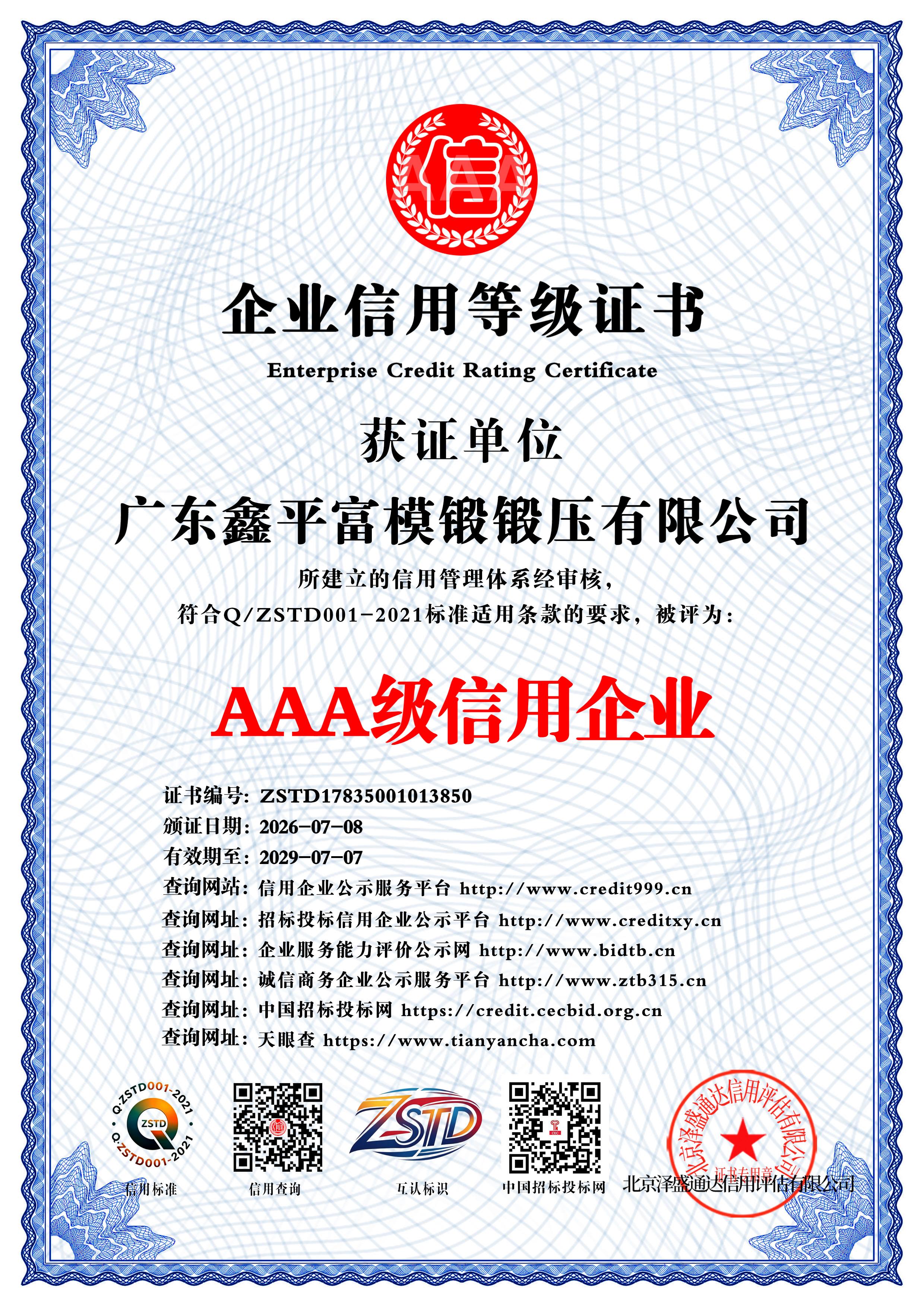 广东鑫平富模锻锻压有限公司_AAA级信用企业_中文版_电子版