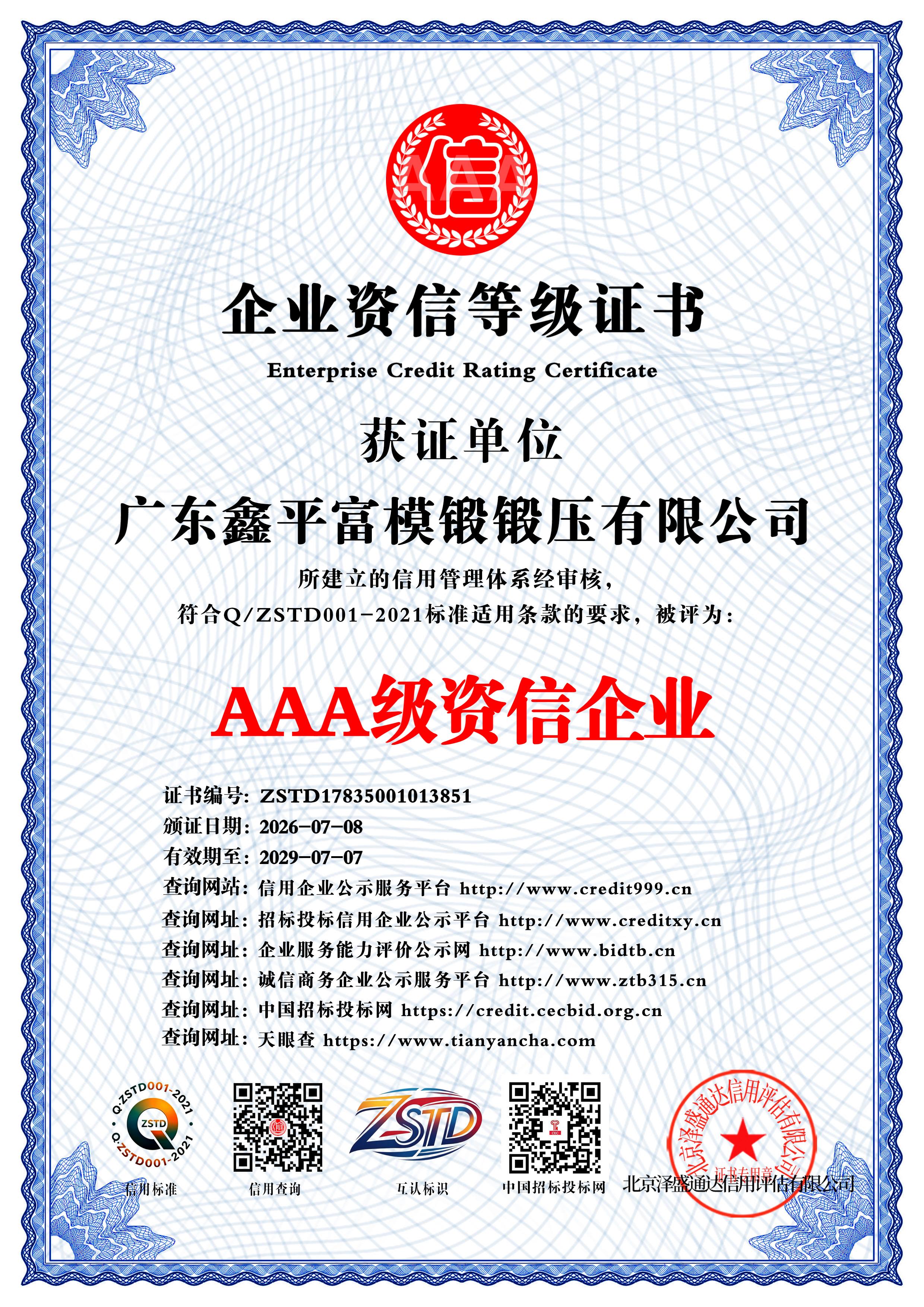 广东鑫平富模锻锻压有限公司_AAA级资信企业_中文版_电子版